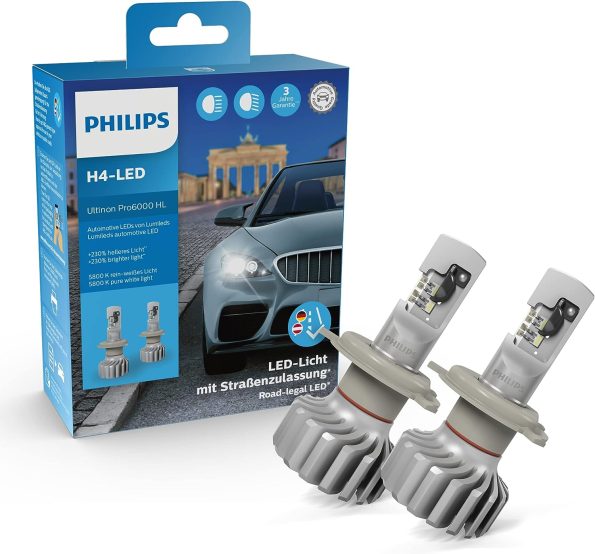 Philips Ultinon Pro6000 H4-LED Scheinwerferlampe mit Straßenzulassung, 230% helleres Licht VW T4 Bus H4 Nachrüsten Retrofit